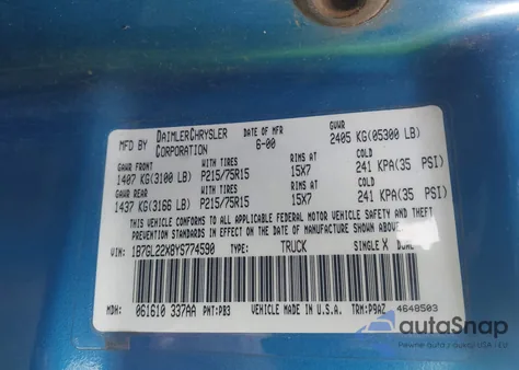 2000 Dodge Dakota Slt/Sport from USA, damaged, VIN 1B7GL22X8YS774590